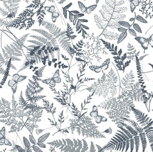 Load image into Gallery viewer, Butterfly Meadow fabric pattern: dusky blue ferns and butterflies on white background. Repeat botanical print for baby clothing and accessories