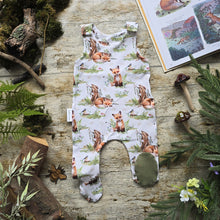 Load image into Gallery viewer, Fox & Ferns Romper with Feet, offering ultimate comfort and convenience with a soft fabric and integrated footies, featuring a charming fox and fern print.