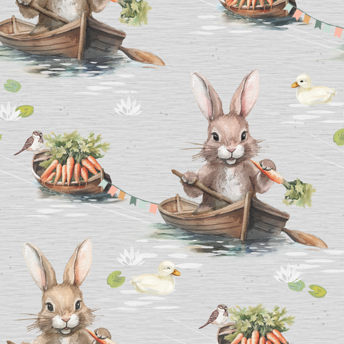 Bunny Lake Full Length Romper - Gender Neutral Dunagrees - Unisex Baby Romper - Bunny Rabbit on a Boat with Carrots