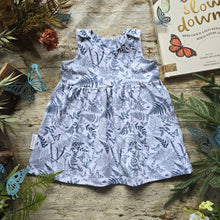 Load image into Gallery viewer, Butterfly Meadow Pinafore Dress, a unique Toddler Dress featuring a delicate butterfly and fern print, perfect for nature-loving little ones.