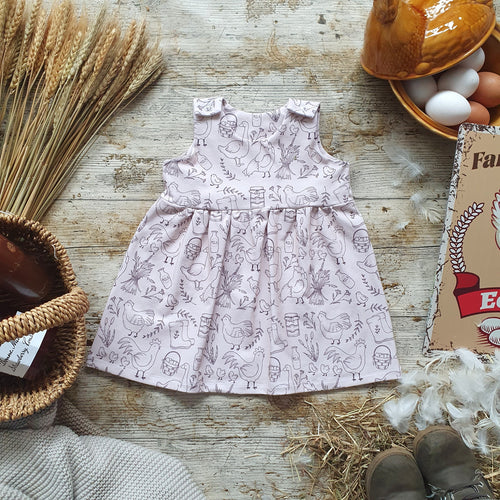 Farm Shop Pinafore Dress - Chickens - Eggs - Jam - Neutral Pinafore Dresses - Little Farmer - Kids Wear
