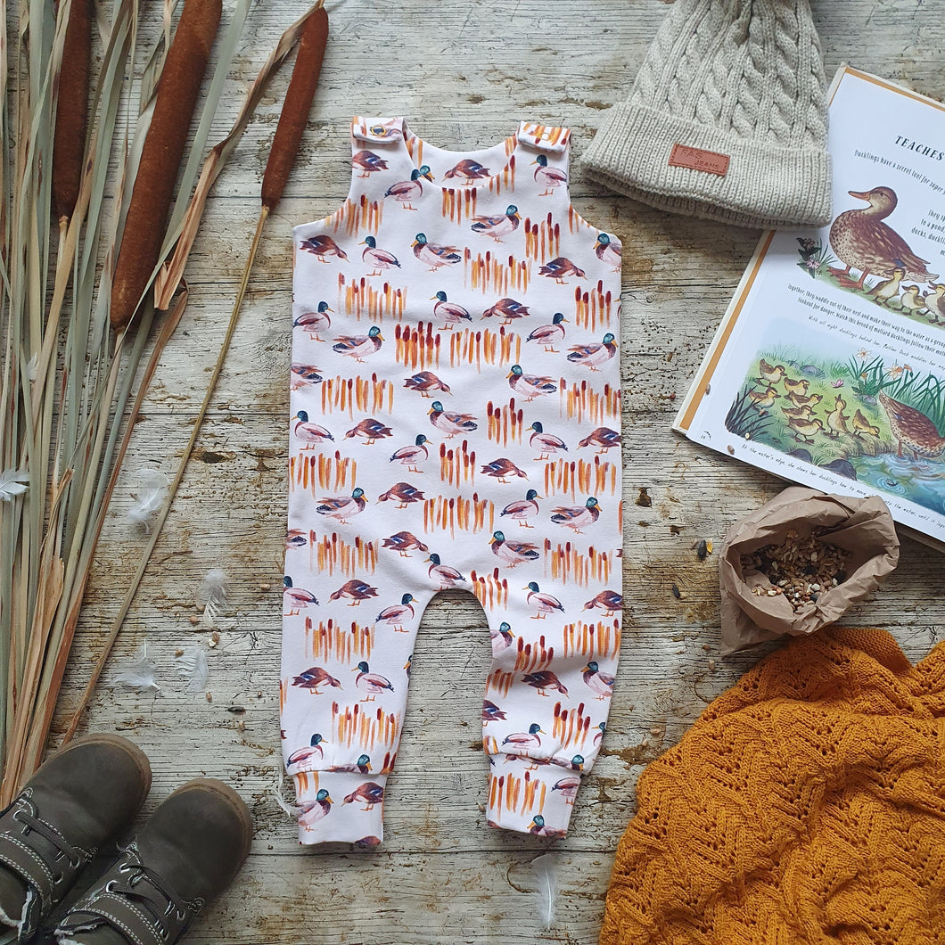 Feeding the Ducks Full Length Romper - Mallard Ducks - Unisex Baby Romper - Neutral Tones