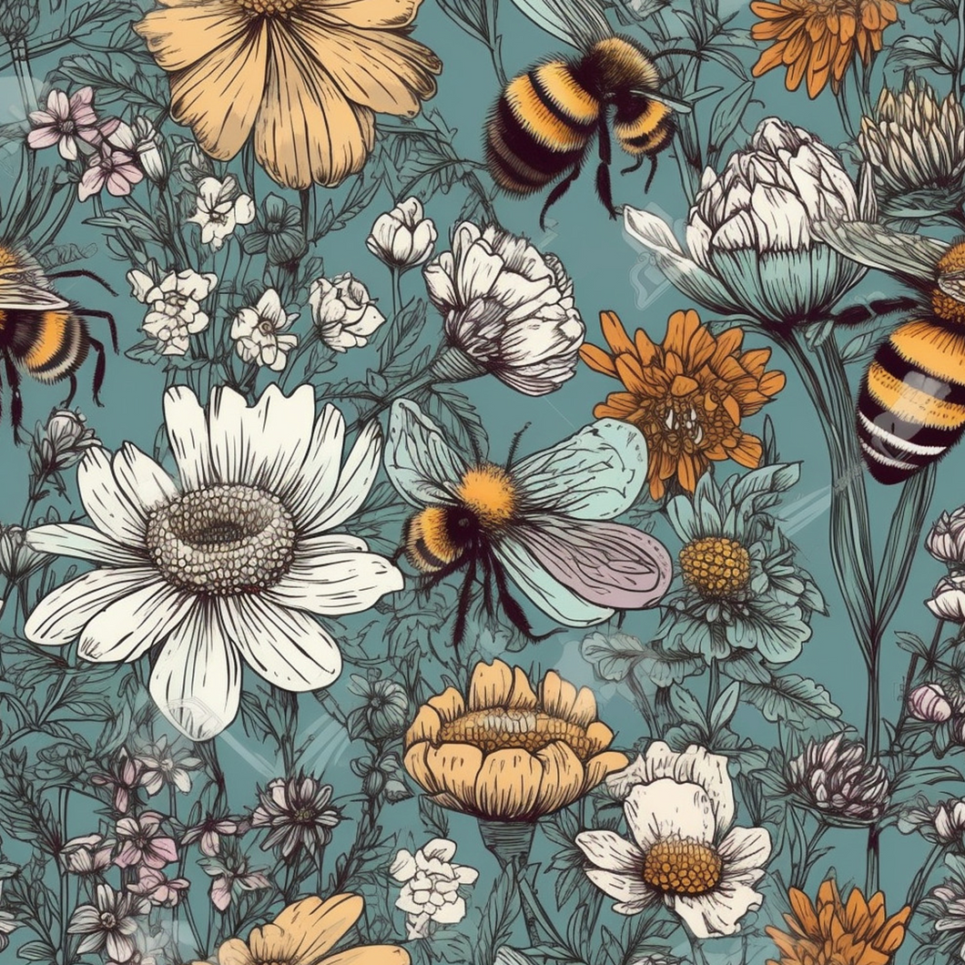 Floral Bee - Teal Background - Sketched Flowers - Bummies - Bloomers 