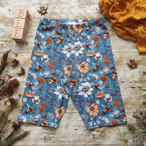 Floral Bee Cycling Shorts - Adult - Teal Floral Yellow Floral and Bee - Handmade Adult Biker Shorts