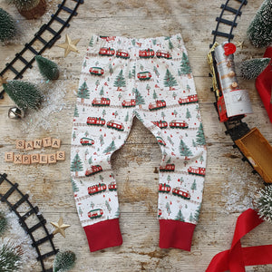 Santa Express - Christmas Train Scene - Red and Green - Handmade Toddler Leggings for Christmas