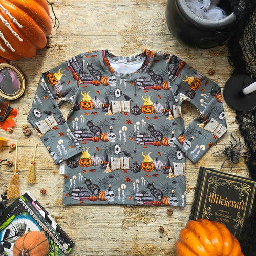 Halloween T-shirt with Black Cats, Witchy Books and Pumpkin Cauldrons. Toddler Halloween Clothes