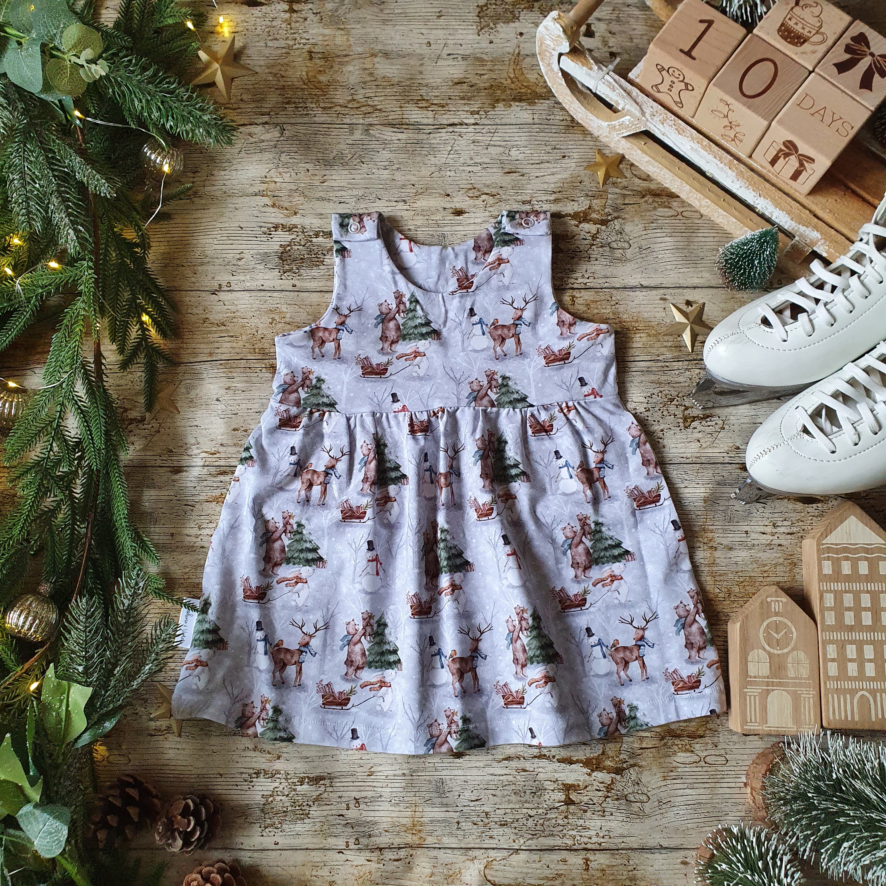 white christmas dresses Festive Sprouts Pinafore. Stretch Cotton Christmas Dress main image 1