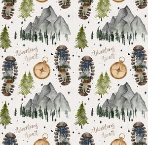 Adventure Awaits - Mountain - Boots - Compass - Trees - Sleep Suits - Unisex Baby Grow