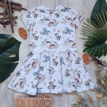 Load image into Gallery viewer, Land of the Dinosaur Skater Dress - Short Sleeve Toddler Dress - Neutral Tones - Dino Roar