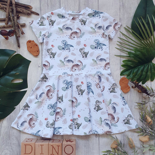Land of the Dinosaur Skater Dress - Short Sleeve Toddler Dress - Neutral Tones - Dino Roar