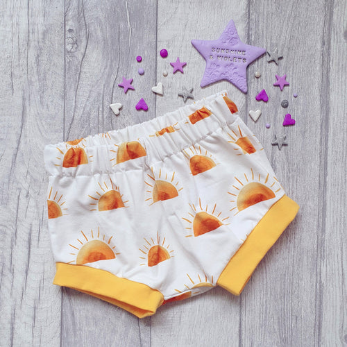 Ray of Sunshine - Yellow Orange Sunset - Gender Neutral Bummies - Unisex Bloomers - Summer Toddler Shorts