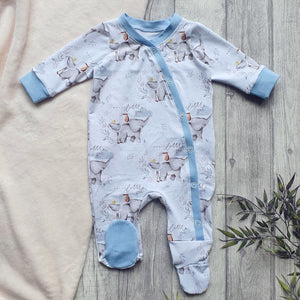 Hello Little One - Coming Home Outfit - Elephant and Stork - Grey and White - Unisex  Sleep Suits - Gender Neutral Baby Grow